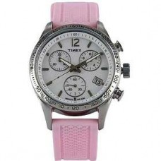 TIMEX Chronograph White Dial Women's Indiglo Pink Band Silver Tone Watch T2P063